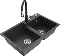 Mexen Tomas гранитна кухненска мивка с 2 камери и кухненски смесител Savita, черен на пръски - 6516-76-672601-70