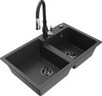 Mexen Tomas гранитна мивка с 2 отделения и кухненски смесител Savita, черен на пръски - 6516-76-672601-70-B
