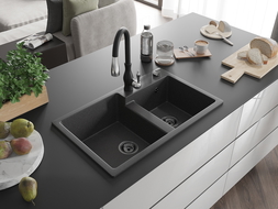 Mexen Tomas гранитна мивка с 2 отделения и кухненски смесител Savita, черен на пръски - 6516-76-672601-70-B