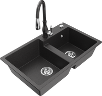 Mexen Tomas гранитна мивка с 2 камери и кухненски смесител Savita, черно на пръски - 6516-76-672601-76