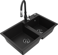 Mexen Tomas гранитна мивка с 2 камери и кухненски смесител Savita, черен - 6516-77-672601-70-B