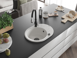 Mexen Kevin гранитна мивка с 1 корито с отцедник и кухненски смесител Savita, бял - 6517-20-672601-70