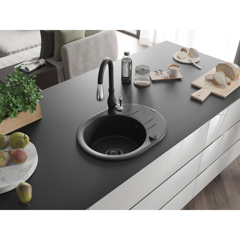 Mexen Kevin гранитна мивка 1-коморна с отцедник и кухненски смесител Savita, черно/сребърно - 6517-73-672601-70-B