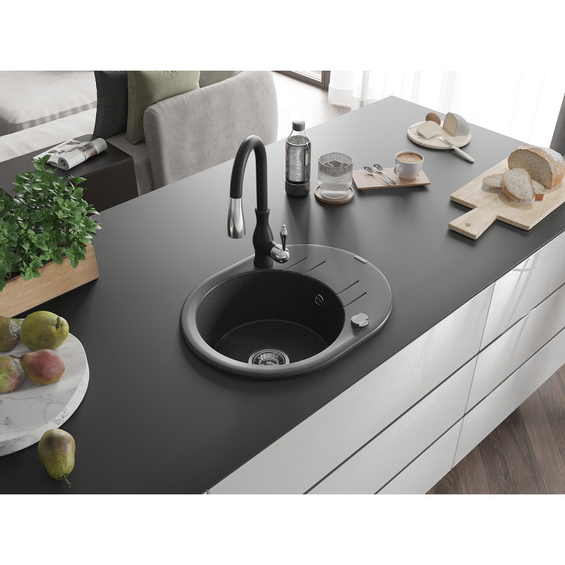 Mexen Kevin гранитна мивка с една камера с отцедник и кухненски кран Savita,