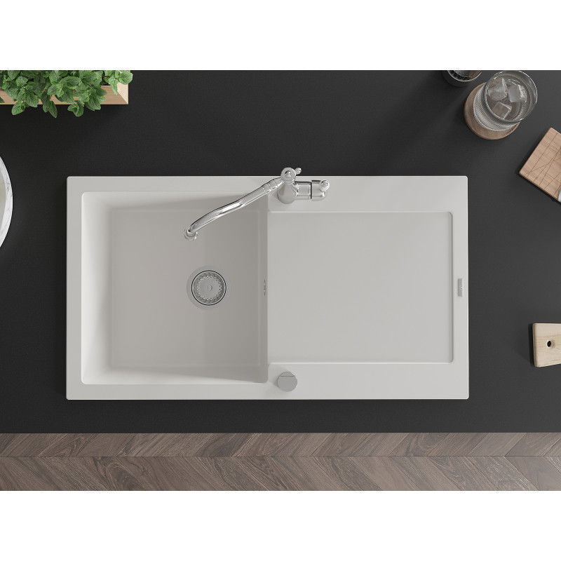 Mexen Leo гранитна мивка с 1 гнездо и отцедник и кухненски смесител Carla, бял - 6501-20-670700-00