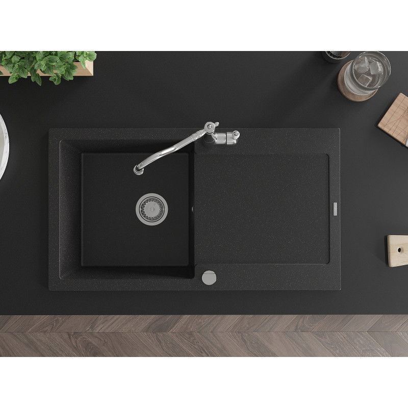Mexen Leo мивка от гранит с 1 камера, с отцедник и кухненски смесител Carla, черен/сребрист металик - 6501-73-670700-00