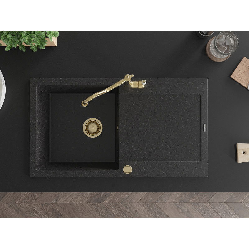 Mexen Leo мивка от гранит с 1 отделение с отцедник и кухненски смесител Carla, черен/сребърен металик - 6501-73-670700-50