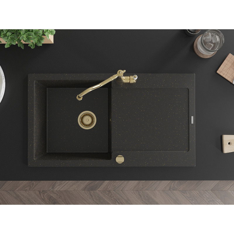 Mexen Leo мивка от гранит с 1 отделение с отцедник и кухненски смесител Carla, черен/златен металик - 6501-75-670700-50