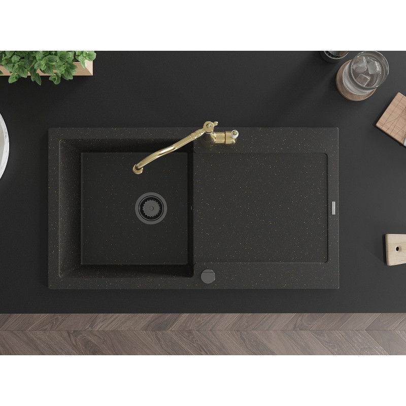 Mexen Leo гранитна мивка с 1 отделение и отцедник и кухненски смесител Carla, черен/златен металик - 6501-75-670700-50-B