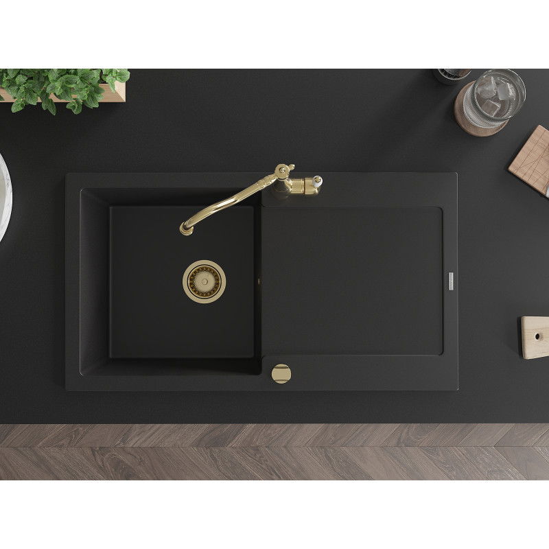 Mexen Leo гранитна мивка с 1 отделение с отцедник и кухненски смесител Carla, черен - 6501-77-670700-50
