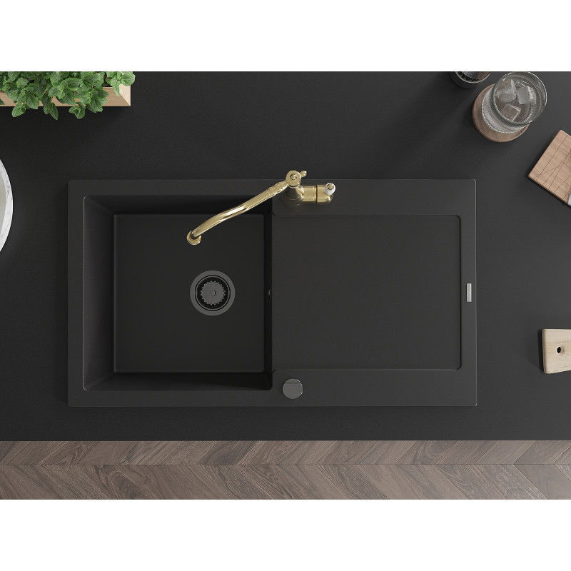 Mexen Leo гранитна мивка с 1 отделение и сушилник и кухненски смесител Carla, черен - 6501-77-670700-50-B