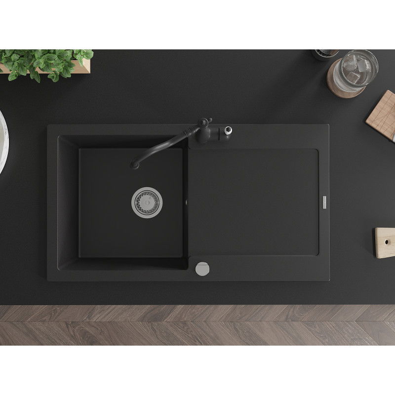 Mexen Leo гранитна мивка с 1 отделение, отцедник и кухненски смесител Carla, черен - 6501-77-670700-70