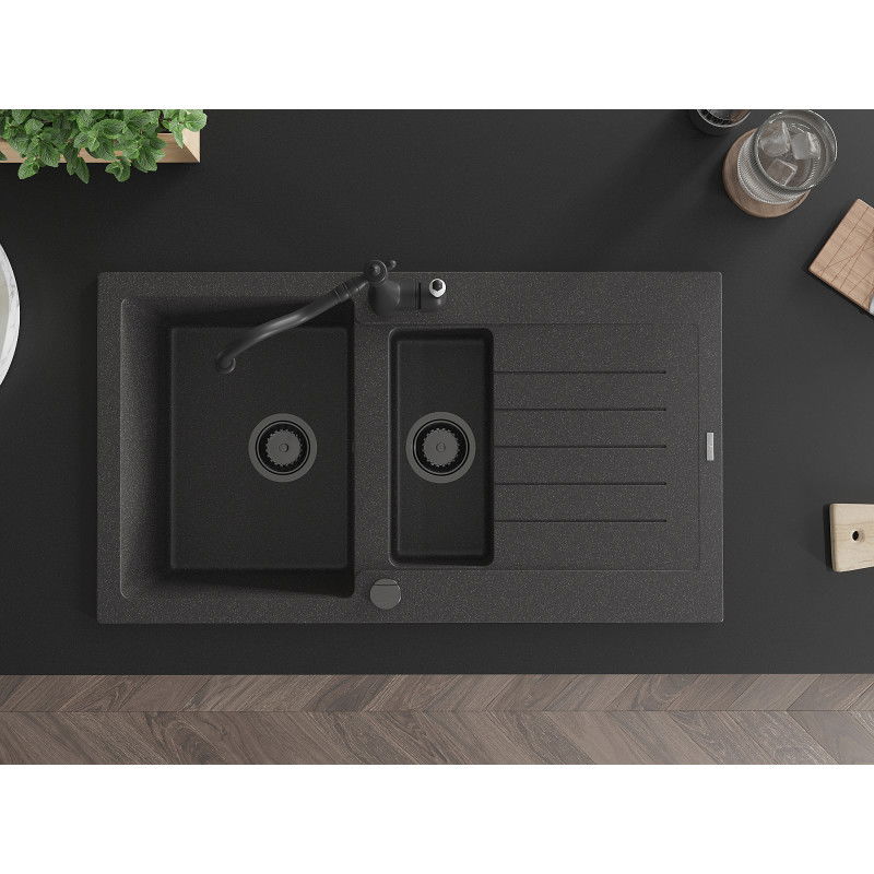 Mexen Matias гранитна мивка с 1,5 камери с отцедник и кухненски смесител Carla, черна накрапена - 6502-76-670700-70-B