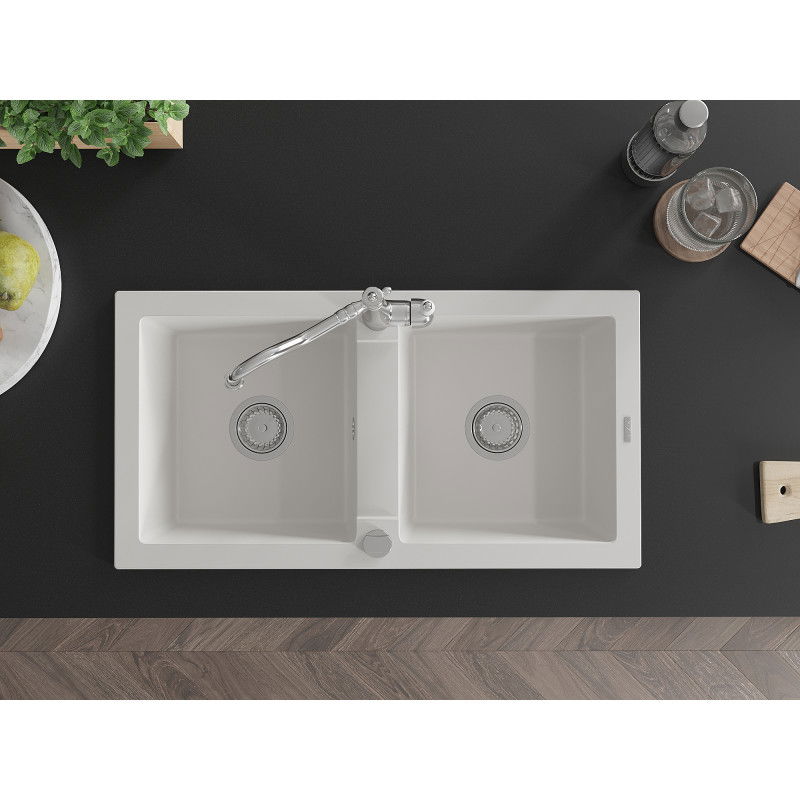 Mexen Mario гранитна мивка с 2 камери и кухненски смесител Carla, бял - 6504-20-670700-00