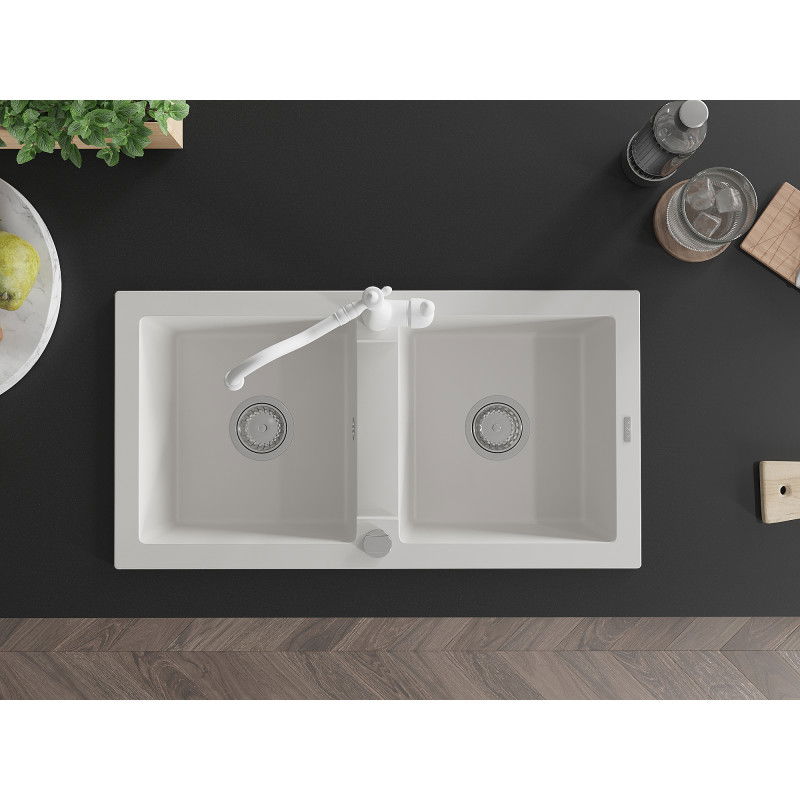 Mexen Mario гранитна кухненска мивка с 2 отделения и смесител Carla, бял - 6504-20-670700-20
