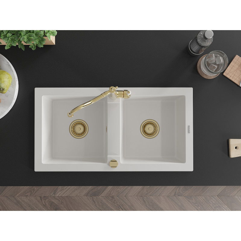 Mexen Mario гранитна мивка с 2 камери и кухненски смесител Carla, бял - 6504-20-670700-50