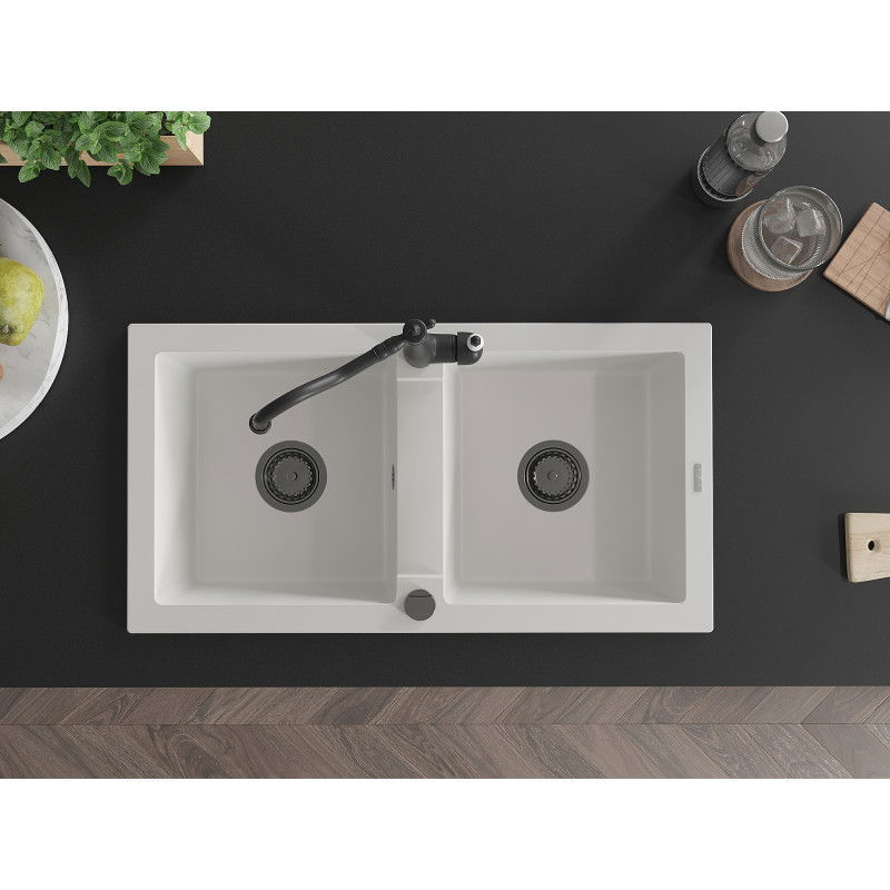 Mexen Mario гранитна мивка с 2 камери и кухненски смесител Carla, бяла - 6504-20-670700-70