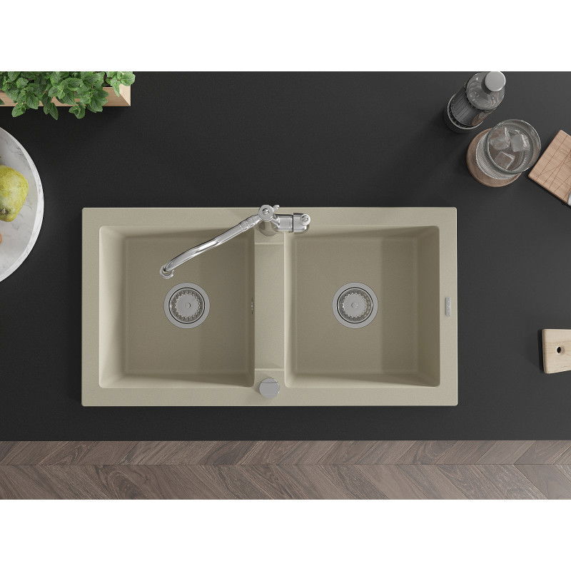 Mexen Mario гранитна мивка с 2 отделения с кухненски смесител Carla, бежова - 6504-69-670700-00