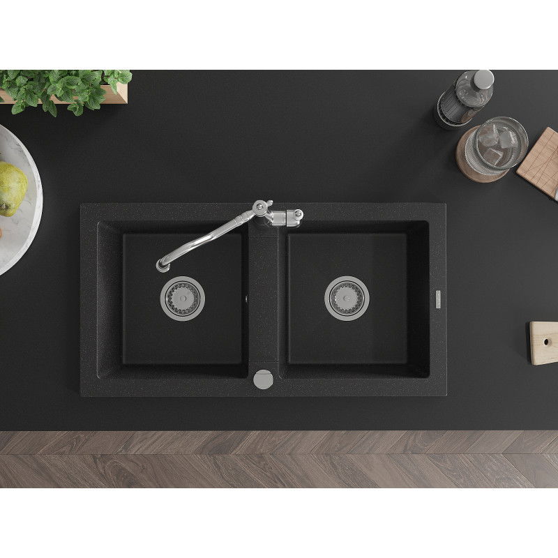 Mexen Mario гранитна мивка с 2 камери и кухненски смесител Carla, черен/сребрист металик - 6504-73-670700-00