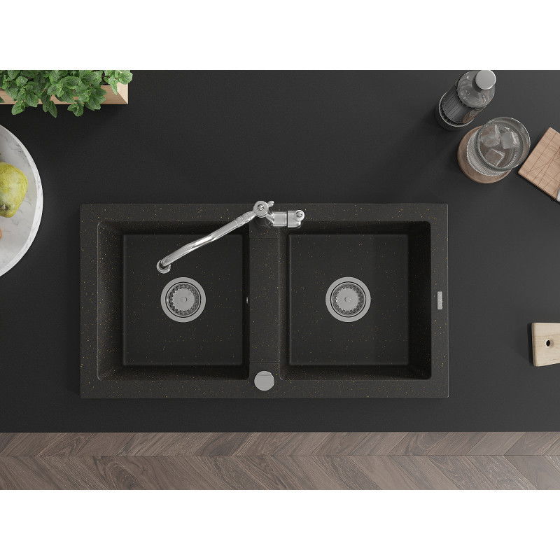 Mexen Mario двоен гранитен мивка с кухненски смесител Carla, черно/златен металик - 6504-75-670700-00