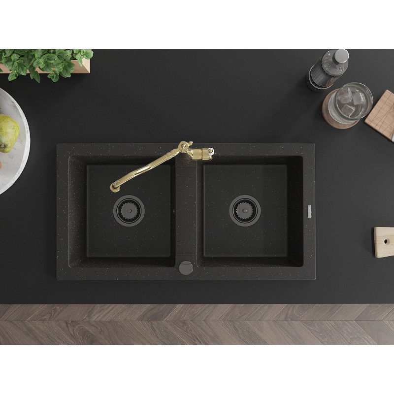 Mexen Mario гранитна кухненска мивка с 2 камери и смесител Carla, черен/златен металик - 6504-75-670700-50-B