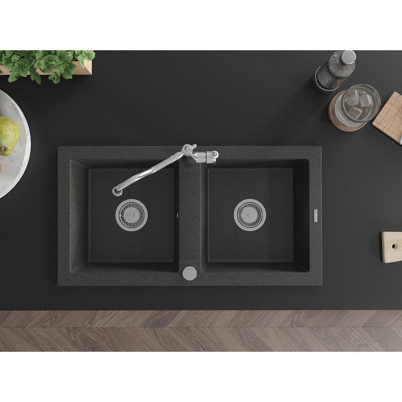 Mexen Mario двоен гранитен мивка с кухненски смесител Carla, черен на пръски - 6504-76-670700-00