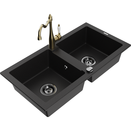 Mexen Mario двоен гранитен мивка с кухненски смесител Carla, черен - 6504-77-670700-50-B