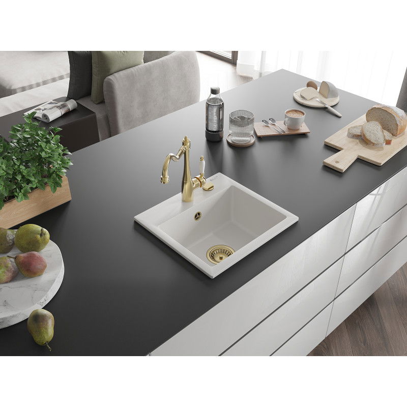 Mexen Milo гранитна кухненска мивка с 1 отделение и със смесител Carla, бяла - 6505-20-670700-50