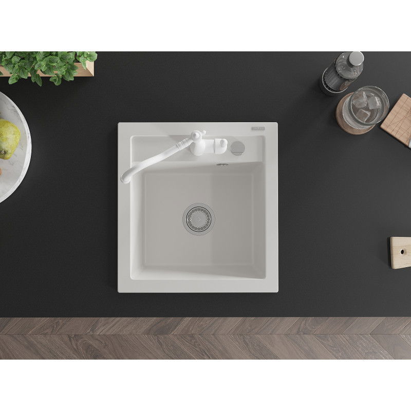 Mexen Vito гранитна мивка 1-коморна с кухненски смесител Carla, бял - 6503-20-670700-20