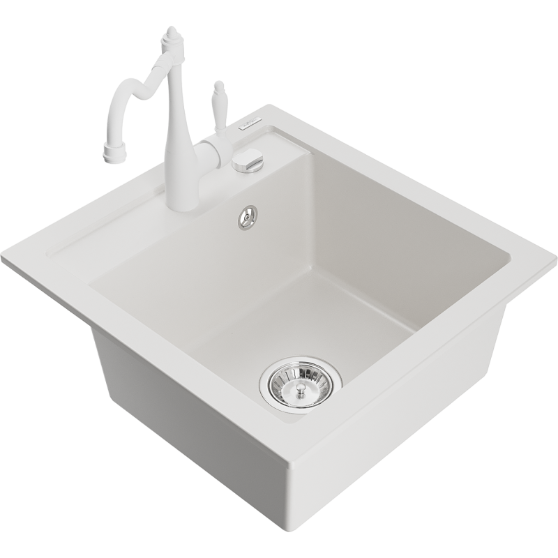 Mexen Vito гранитна мивка 1-коморна с кухненски смесител Carla, бял - 6503-20-670700-20