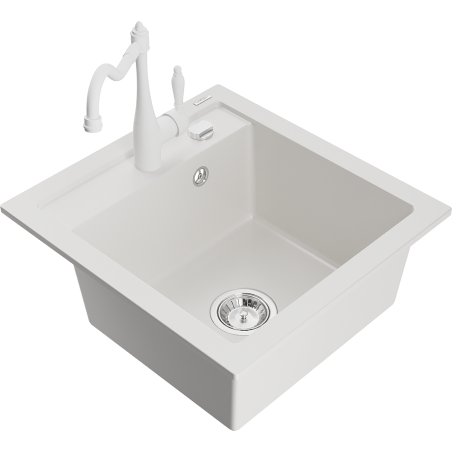 Mexen Vito гранитна мивка 1-коморна с кухненски смесител Carla, бял - 6503-20-670700-20