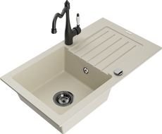 Mexen Pablo гранитна мивка с 1 отделение с отцедник и кухненски смесител Carla, бежов - 6510-69-670700-70