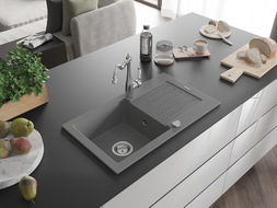 Mexen Pablo 1-камерна кухненска мивка от гранит с отцедник и кухненски смесител Carla, сив - 6510-71-670700-00