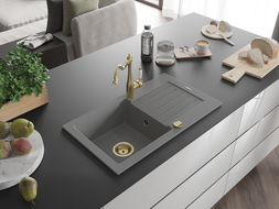Mexen Pablo гранитна кухненска мивка с една камера с отцедник и кухненски смесител Carla, сив - 6510-71-670700-50