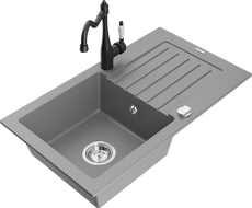 Mexen Pablo гранитна мивка с една камера и отцедник и кухненски смесител Carla, сив - 6510-71-670700-70