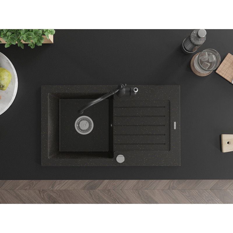 Mexen Pablo гранитна мивка с една камера с отцедник и кухненски смесител Carla, черен/златен металик - 6510-75-670700-70