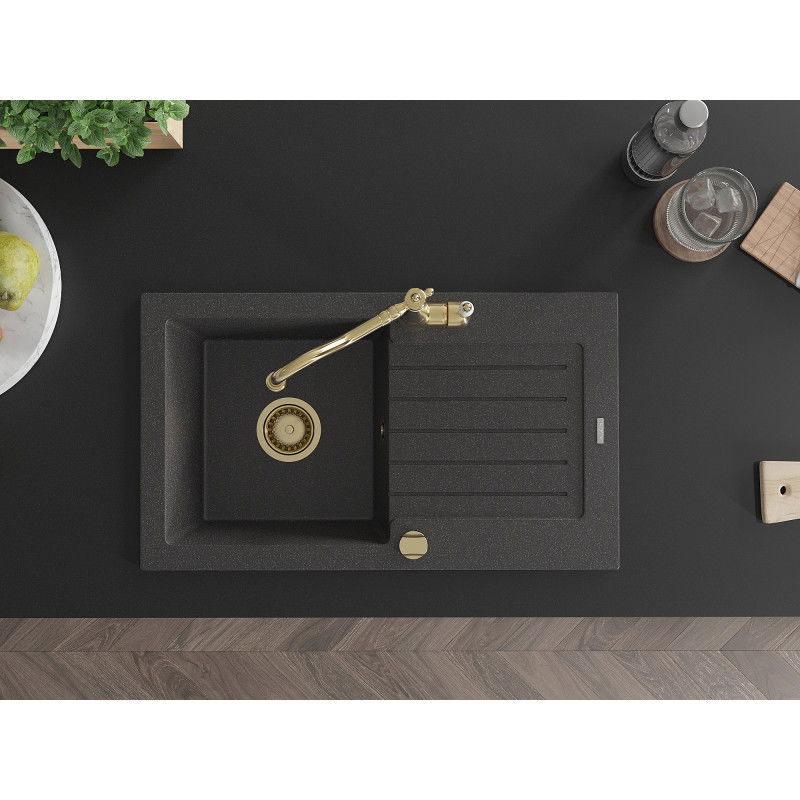Mexen Pablo гранитна мивка с 1 отделение и отцедник и кухненски смесител Carla, черен на пръски - 6510-76-670700-50