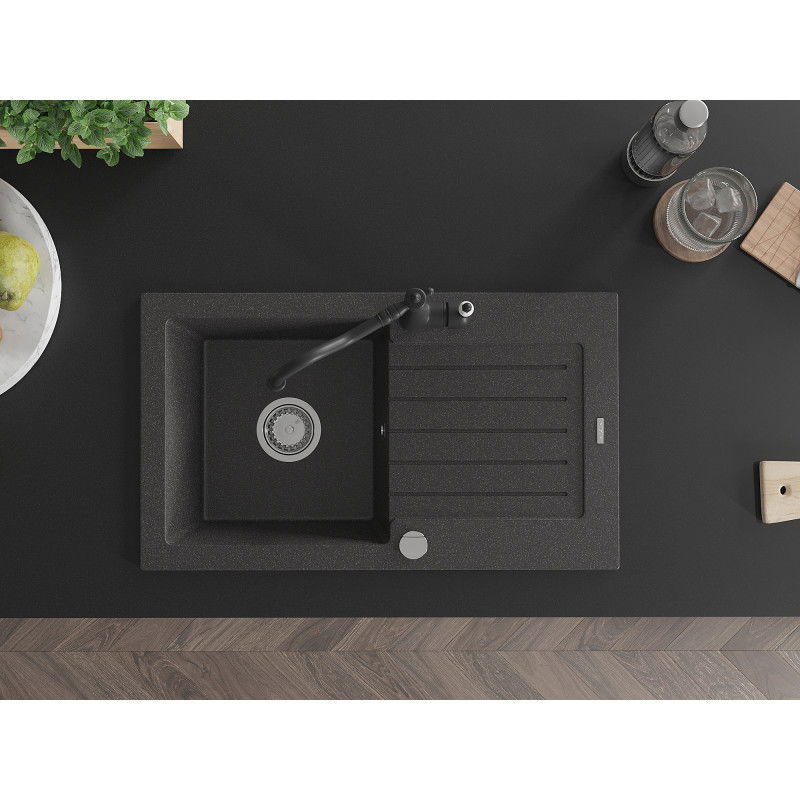 Mexen Pablo еднокоморна гранитна мивка с отцедник и кухненски смесител Carla, черно пръскано - 6510-76-670700-70