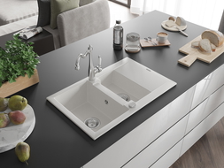 Mexen Gaspar мивка от гранит с 1,5 камери с отцедник и кухненски смесител Carla, бял - 6507-20-670700-00