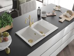 Mexen Gaspar гранитна мивка 1,5-коморна с отцедник и кухненски смесител Carla, бял - 6507-20-670700-50