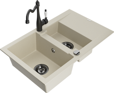 Mexen Gaspar гранитна мивка с 1,5 отделения и отцедник с кухненски смесител Carla, бежов - 6507-69-670700-70