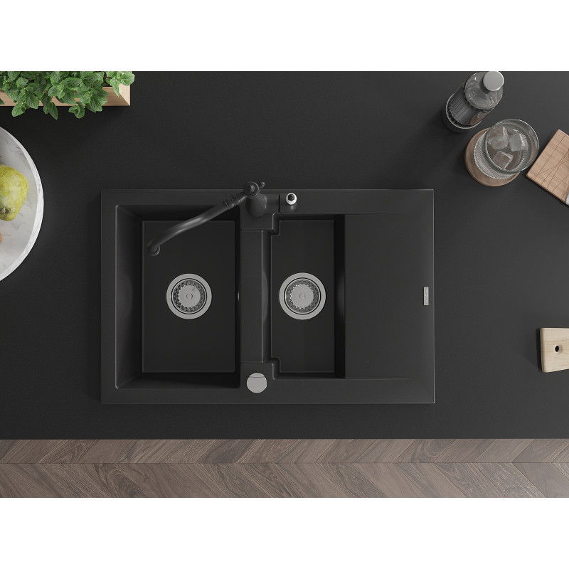 Mexen Gaspar гранитна мивка с 1,5 камери, отцедник и кухненски смесител Carla, черен - 6507-77-670700-00