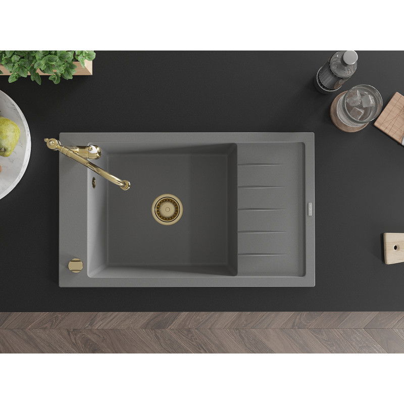 Mexen Elias гранитна мивка с 1 отделение, дренажна част и кухненски смесител Carla, сив - 6511-71-670700-50