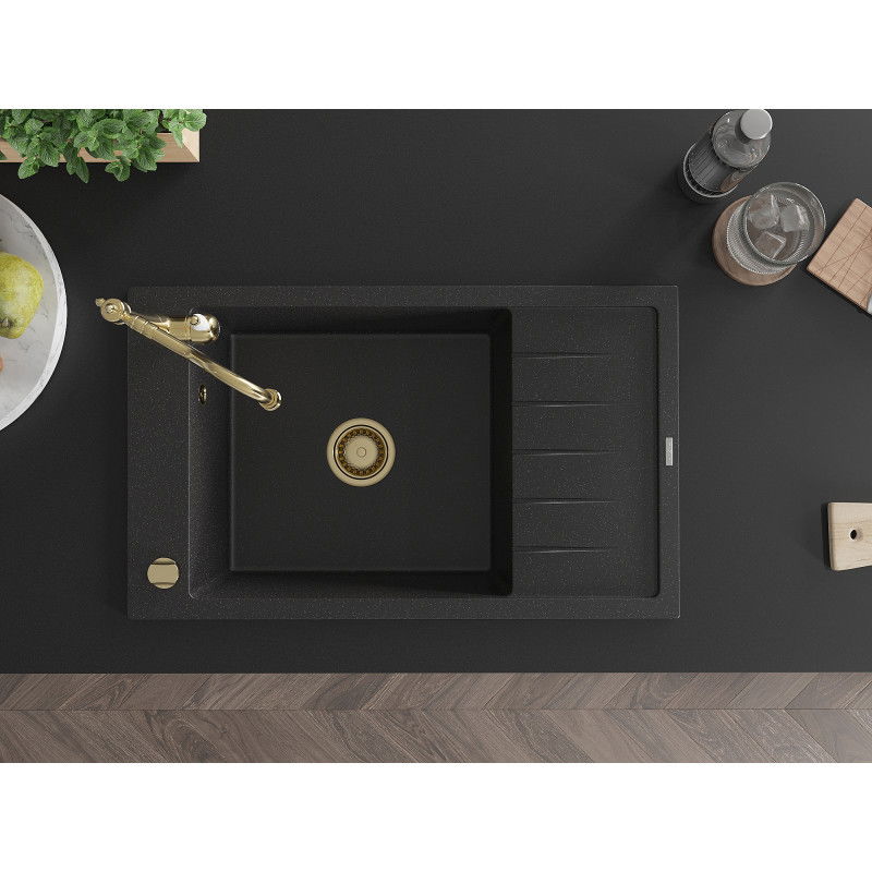 Mexen Elias гранитна мивка с 1 отделение с отцедник и кухненски смесител Carla, черен/сребърен металик - 6511-73-670700-50
