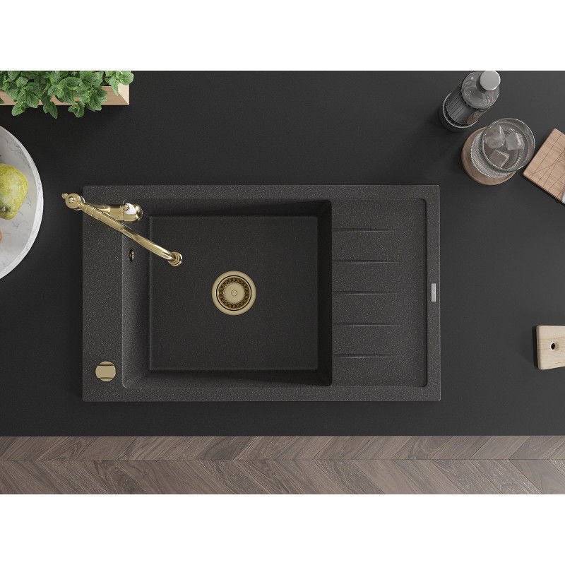 Mexen Elias гранитна мивка с 1 отделение и отцедник и кухненски смесител Carla, черна на пръски - 6511-76-670700-50