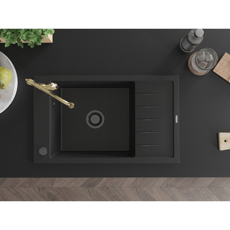 Mexen Elias гранитна кухненска мивка с 1 камера с дренаж и кухненски кран Carla, черен - 6511-77-670700-50-B