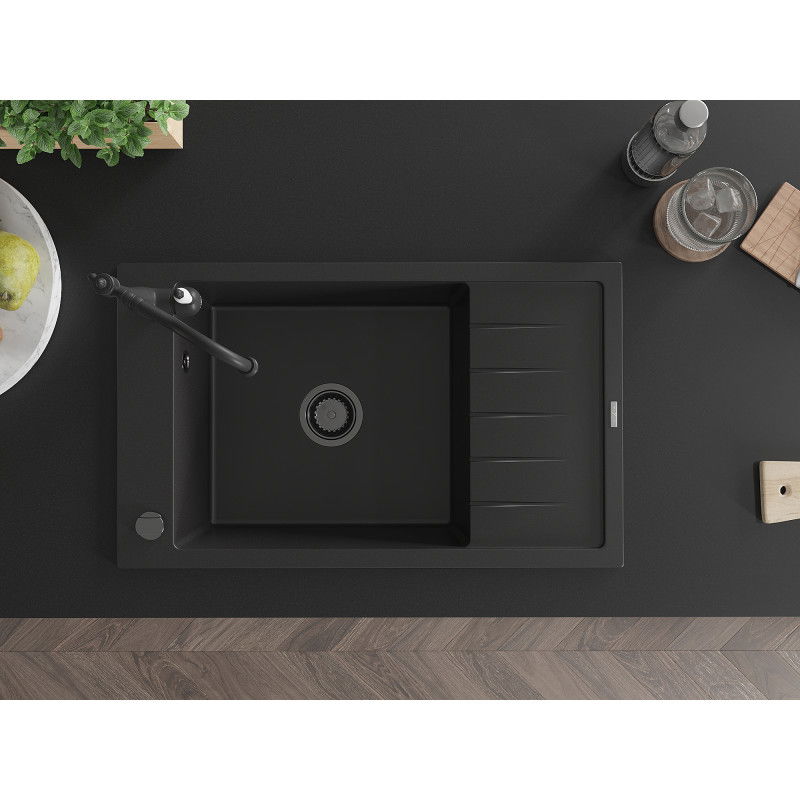 Mexen Elias гранитна мивка с 1 отделение, отцедник и кухня смесител Carla, черен - 6511-77-670700-70-B