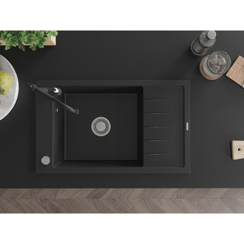 Mexen Elias гранитна мивка с 1 камера с отцедник и кухненски смесител Carla, черен - 6511-77-670700-70
