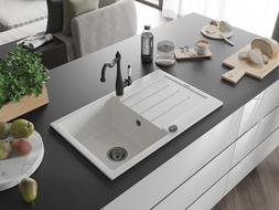 Mexen Bruno гранитна мивка с 1 отделение и сушилник с кухненски смесител Carla, бял - 6513-20-670700-70
