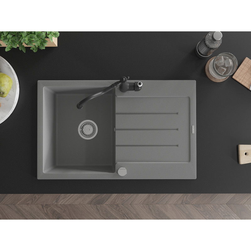 Mexen Bruno гранитна мивка с една камера и отцедник с кухненски смесител Carla, сив - 6513-71-670700-70